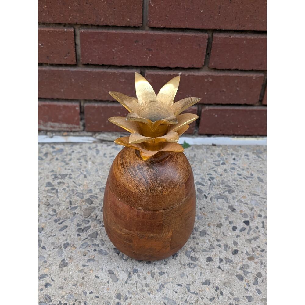 Vintage Wooden Pineapple Trinket Box with Brass Lid